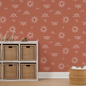 Sun wallpaper, feature wall, gender neutral wallpaper, terracotta wallpaper, feature wallpaper, peel and stick wallpaper,removable wallpaper