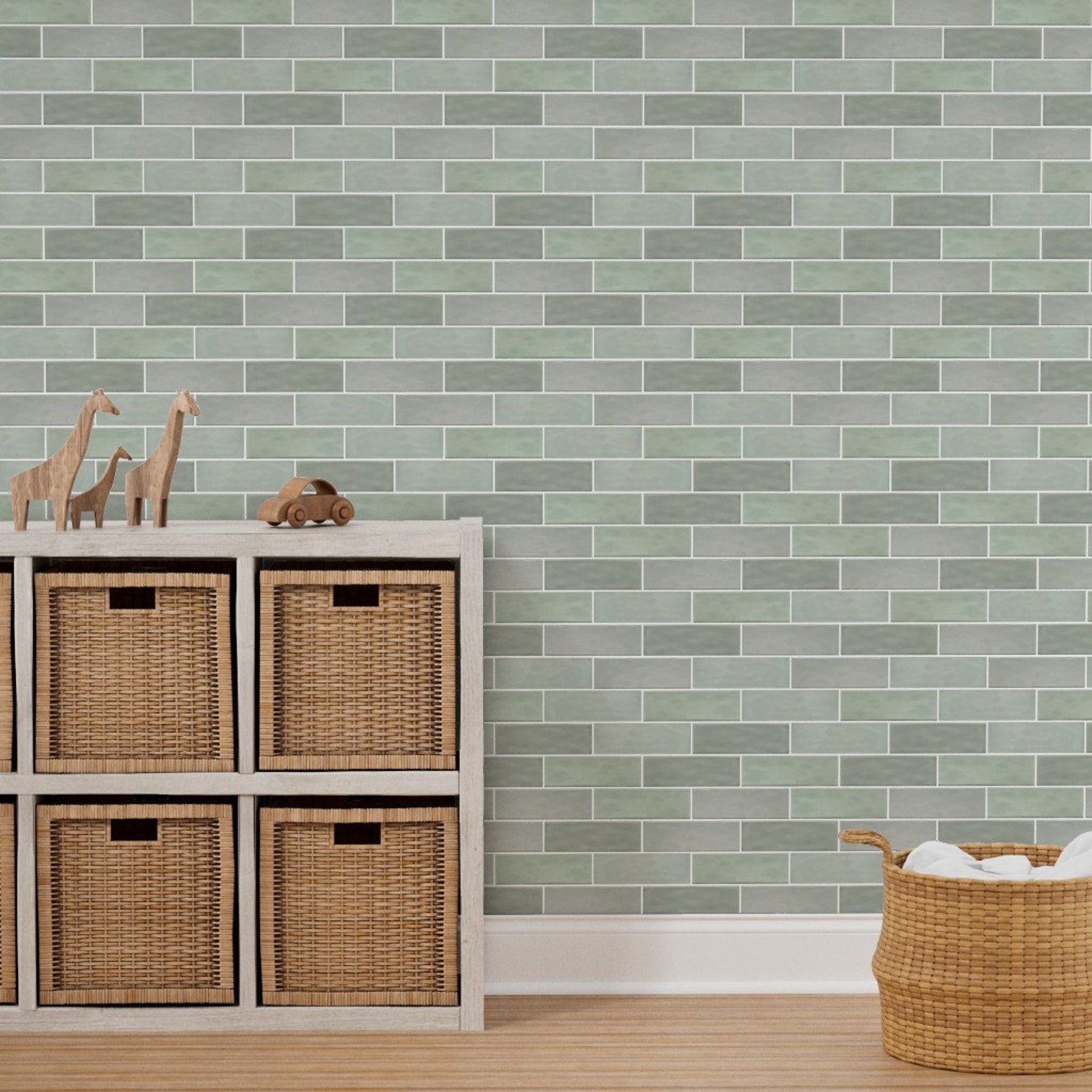 Subway Tile Wallpaper, Faux Tile Wallpaper, Green Tile Wallpaper