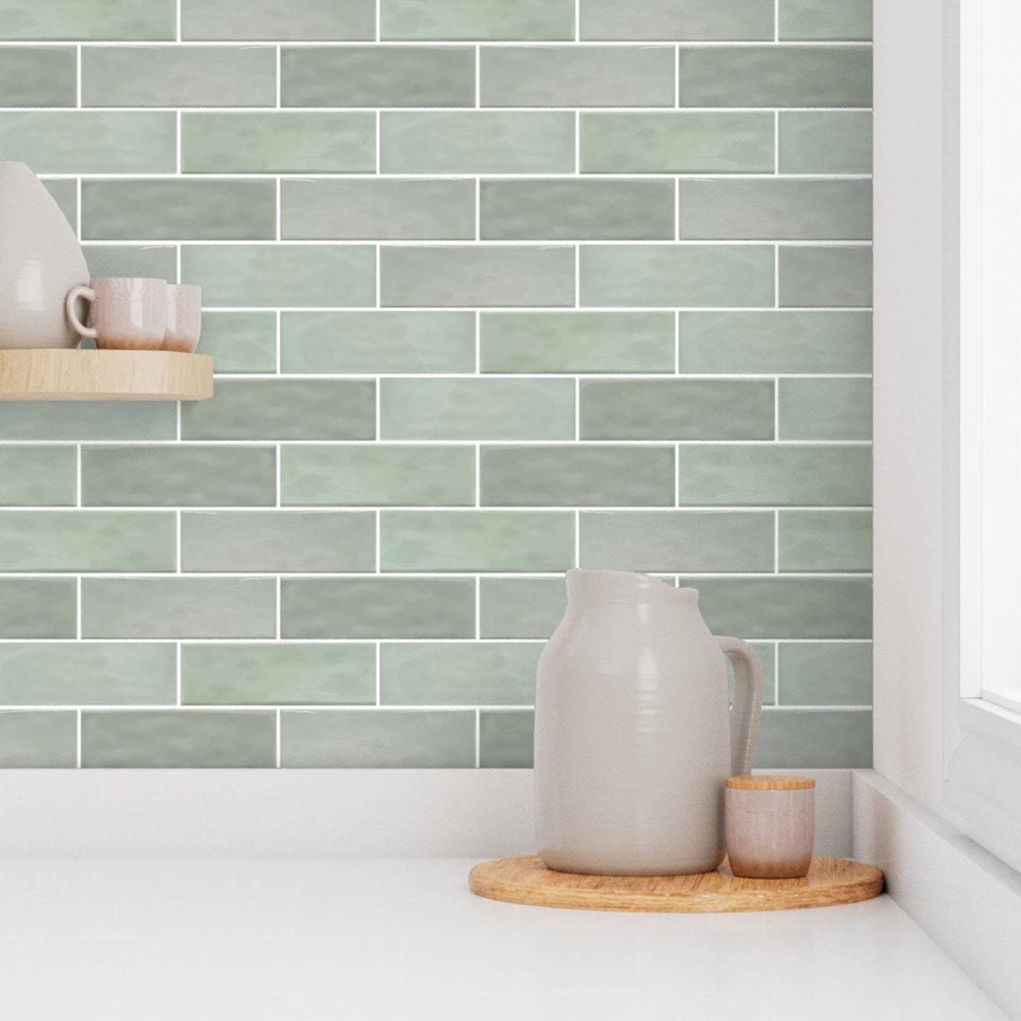 Subway Tile Wallpaper, Faux Tile Wallpaper, Green Tile Wallpaper