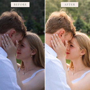 May include: A split-screen comparison showing a couple in a white shirt and white top with the text BEFORE and AFTER. The left side features a darker, cooler tone, while the right side displays a brighter, warmer, and more vibrant color edit.