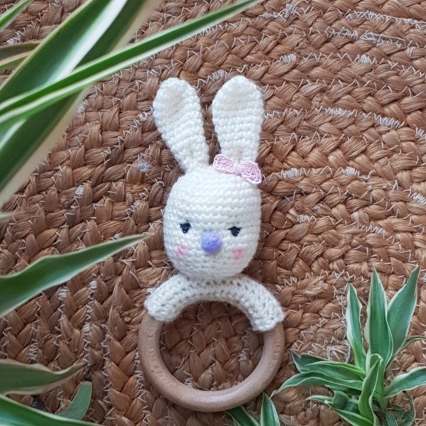 Handmade Crochet Wooden Bunny Tether