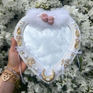 Twin Angels Mirror 3d Art Decor (white, angelic, cute, aesthetic, gold, clay, ooak, custom, bling, decorative, decor, heart mirror, wallart)
