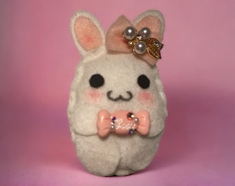 Kawaii Bunny Felt Mini Plushie (plushie, felt, stuffed animal, cute, plush, handmade, hand sewn, rabbit, art, room decor, aesthetic, pink)