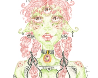 Alien Girl Print (Alien, extraterrestrial, green, cute, kawaii, artwork, art print, outer space, fantasy, wall art, art decor, aesthetic)