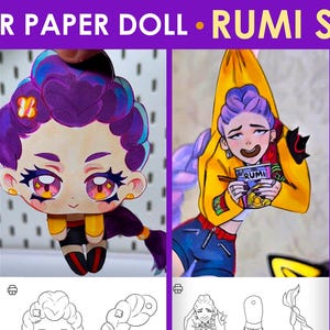 Könnte beinhalten: Ein Set von Papierpuppen mit Illustrationen im Anime-Stil, betitelt "POPULAR PAPER DOLL • RUMI SET". Die Figuren sind in verschiedenen Outfits und Posen dargestellt, sowohl in Farbe als auch als Schwarz-Weiß-Linienzeichnungen.
