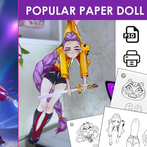Puede incluir: La imagen está dividida. A la izquierda, un gráfico promocional de "K-POP DEMON HUNTERS" con personajes estilizados. A la derecha, una ilustración de muñeca de papel de un personaje con una espada y plantillas imprimibles.