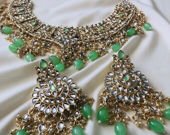 Green Kundan Choker Necklace Earrings Set: Indian Bridal Jewelry