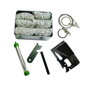 Magnesium Fire Starter Kit with Shavings 6 Bags 99 % Pure, Ferro Rod, Wire Saw, Blower, 14-in-1 Tool – Bushcraft Survival Camping Gear
