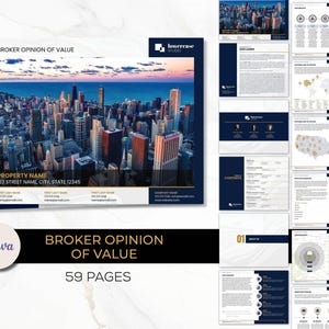 Op de afbeelding: Een 59 pagina's tellend rapport met een broker's opinion of value met een stadsgezichtfoto op de omslag. Het rapport bevat een inhoudsopgave, een eigendomsbeschrijving en een marktanalyse. Het rapport is ontworpen in een moderne stijl met blauwe en gouden accenten.