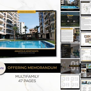 May include: A black and gold brochure with the title "Offering Memorandum" and the text "Annapolis Apartments 123 Street Name, City, State 12345". The brochure features a photo of a modern apartment building with a swimming pool in front.
