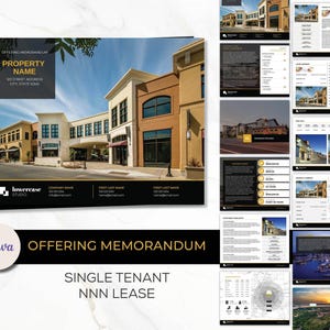 May include: A black and gold offering memorandum for a single tenant NNN lease. The document features a photo of a modern commercial building with a large storefront. The text "OFFERING MEMORANDUM" and "SINGLE TENANT NNN LEASE" is displayed in bold, white text on a black background.