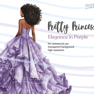 May include: A digital illustration of a woman wearing a purple ball gown with a ruffled skirt. The woman has dark skin and long, curly black hair. The background is a light blue and white striped pattern. The text "Pretty Princess Elegance in Purple" is written in black at the top of the image.