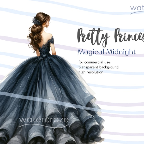 Magical Midnight - Princess - Elegant Navy Blue Quinceañera Princess Clipart