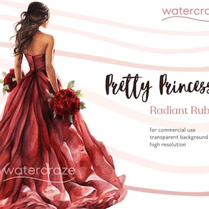 Puede incluir: Ilustración de acuarela de una mujer con un vestido rojo sosteniendo un ramo de rosas rojas. El fondo es de color rosa suave con líneas onduladas blancas. El texto "Pretty Princess Radiant Ruby" está escrito en letras cursivas marrones. El texto "for commercial use transparent background high resolution" está escrito en negro.
