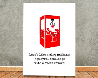 Heart Claw Machine Valentine Card | Valentine's Day Card | Humorous Anniversary Card for Boyfriend / Girlfriend / Husband / Wife | ILY Card