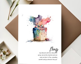 May Birthday Card | Watercolor Birthday Cake Card | All Cool People Are Born Card | Elegant Birthday Card with Zodiac Candle Gift