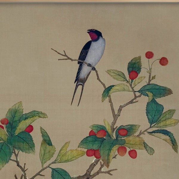 Chinese Silk Art Painting | 18th Century Vintage Birds and Fruit | Digital Download | SeeknFindArt