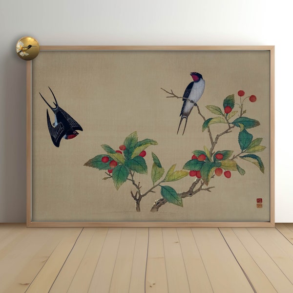 Peinture d'art sur soie chinoise | Oiseaux et fruits vintage du XVIIIe siècle | Téléchargement numérique | Chercher, trouver de l'art