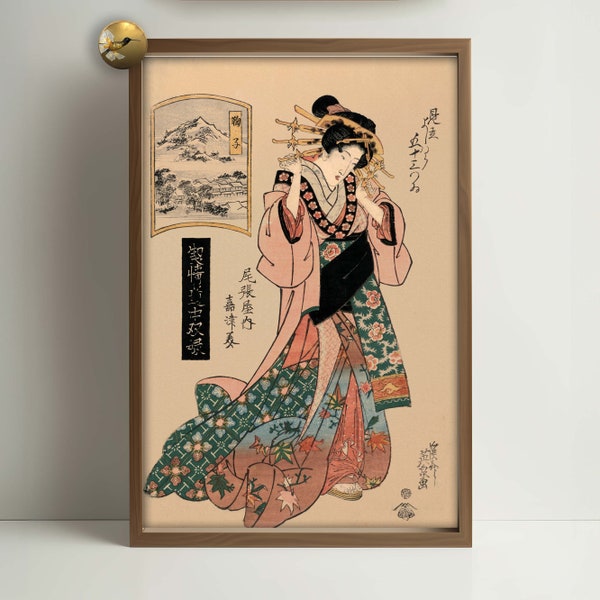 5 Antique Geisha Woman Paintings by Keisei Eisen | 18th Century Japanese Wall Decor | Digital Download | 五芸者女性絵 | カラー墨絵 | 油彩紙