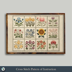 Blumenmuster Folk Art Kreuzstichmuster | 12 Blumenmustermuster | Digitaler Download