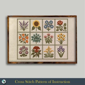 Flower Garden Cross Stitch Sampler | Symbol Chart Instruction | Multi-Color Palette | Digital Download