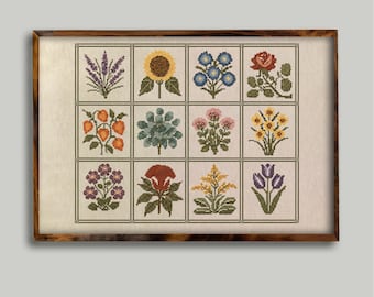 Flower Garden Cross Stitch Sampler | Symbol Chart Instruction | Multi-Color Palette | Digital Download