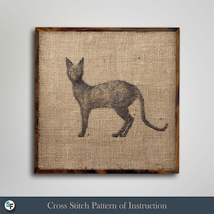 Op de afbeelding: Een zwarte kattenillustratie op een vierkant met jute textuur, omlijst door donker hout. De kat is in profiel afgebeeld, met een lange staart en puntige oren. De tekst onderaan luidt "Cross Stitch Pattern of Instruction".