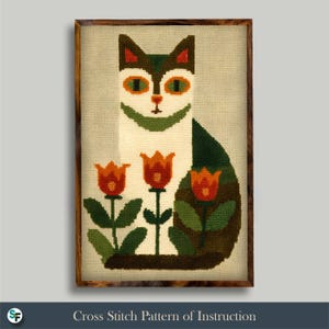 Vintage 70s Floral Cat Cross Stitch Pattern | Retro Scandi Design | Digital Download