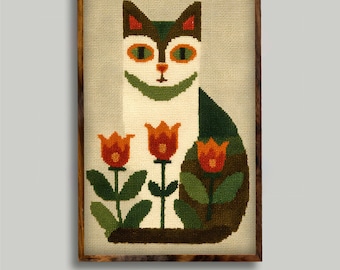 Vintage 70s Floral Cat Cross Stitch Pattern | Retro Scandi Design | Digital Download