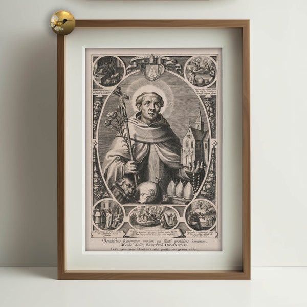 Religious Art Engraving, St. Dominic Lithograph, 18th Century, Christian Art, Digital Download