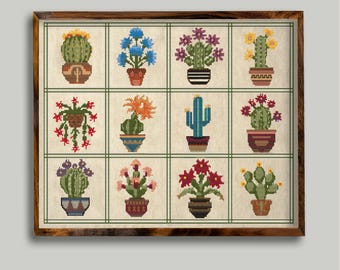 Folk Art Cactus Cross Stitch Pattern | Potted Plants (Digital Download)