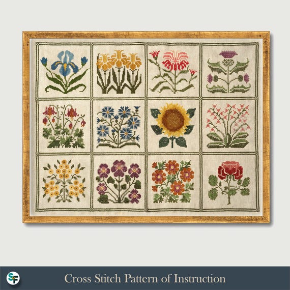 Floral Folk Art | Cross-Stitch Pattern | Symbol Chart Instruction | Multi-Color Palette | Digital Download