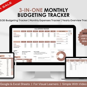 3-in-1 Monthly Budget Spreadsheet Template: Monthly Income & Expense Tracker + Yearly Overview Tracker + 50/30/20 Budget Tracker | Pink