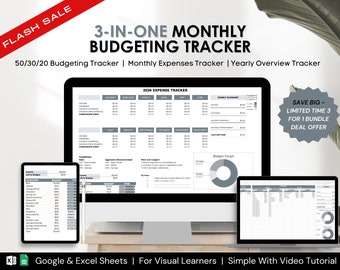 3-in-1 Monthly Budget Spreadsheet Template: Monthly Income & Expense Tracker + Yearly Overview Tracker + 50/30/20 Budget Tracker | Blue Grey