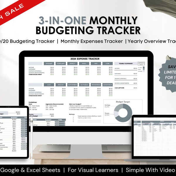 3-in-1 Monthly Budget Spreadsheet Template: Monthly Income & Expense Tracker + Yearly Overview Tracker + 50/30/20 Budget Tracker | Blue Grey