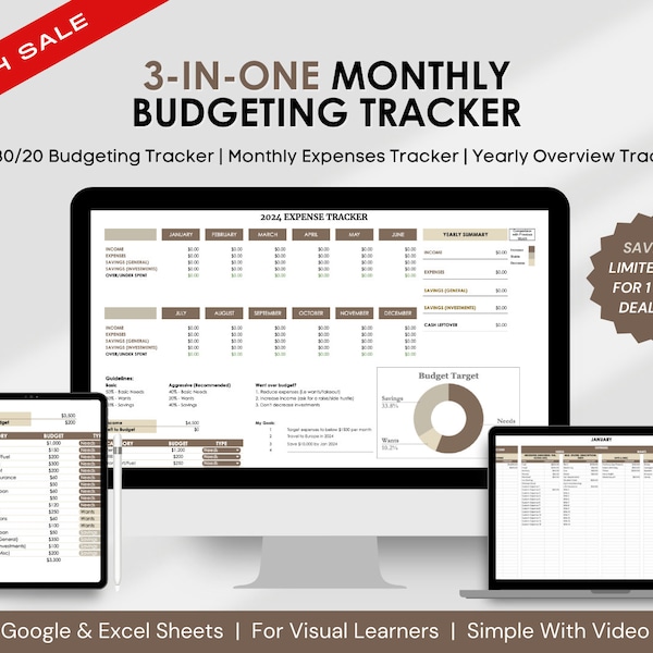 3-in-1 Monthly Budget Spreadsheet Template: Monthly Income & Expense Tracker + Yearly Overview Tracker + 50/30/20 Budget Tracker | Brown