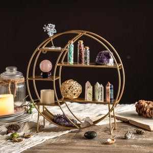 Moon Shelf for Crystal Lovers - Circle Shelf Wall Decor for Wall and Countertop, Celestial Design, Best Astrology Gift (Matte Gold)