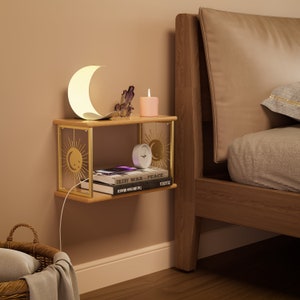 Floating Nightstand - 100% Natural Solid Wood with Celestial-Inspired Design, Moon Shelf Bedside Table, Best Astrology Gift (Gold)