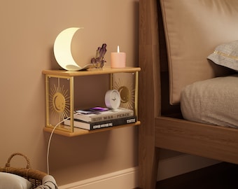 Floating Nightstand - 100% Natural Solid Wood with Celestial-Inspired Design, Moon Shelf Bedside Table, Best Astrology Gift (Gold)