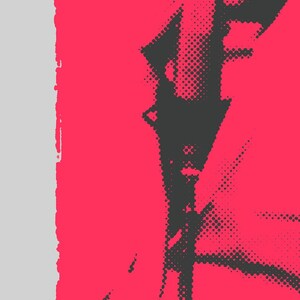 May include: A close-up of a black and white halftone pattern of a person's arm and hand, against a bright pink background.