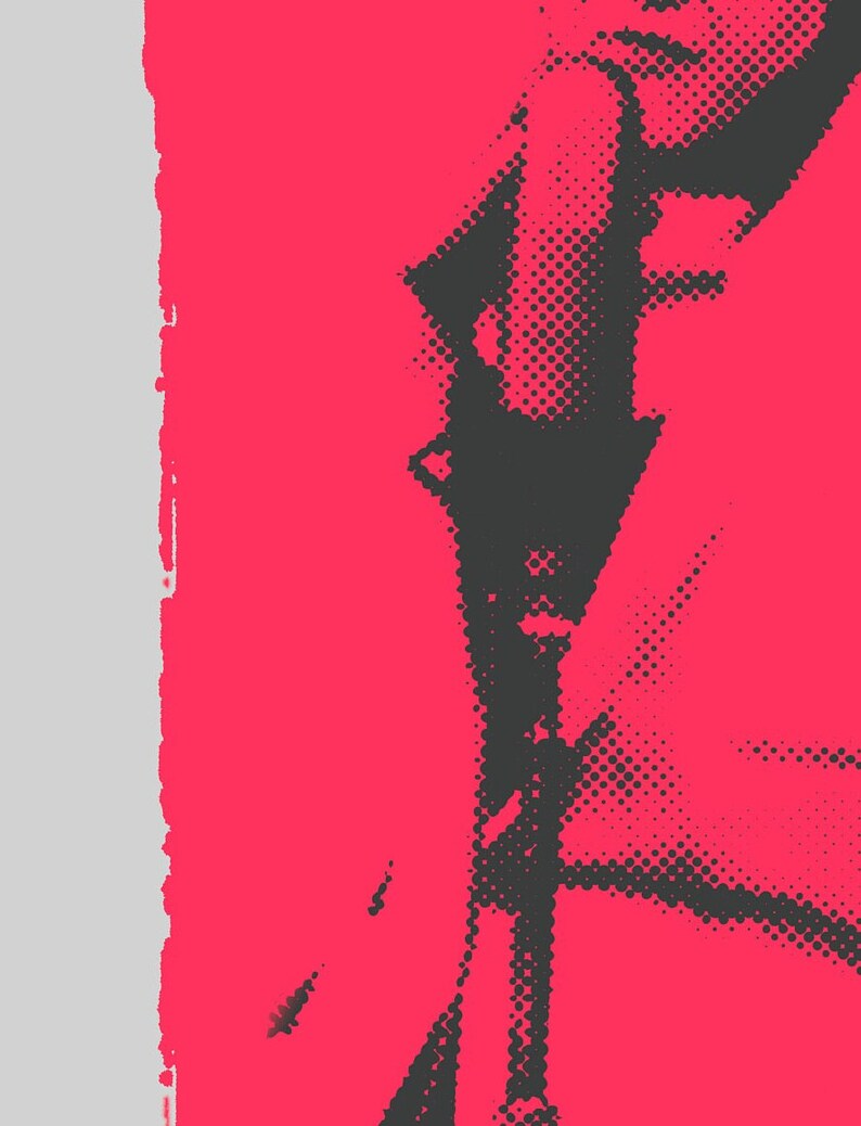 May include: A close-up of a black and white halftone pattern of a person's arm and hand, against a bright pink background.