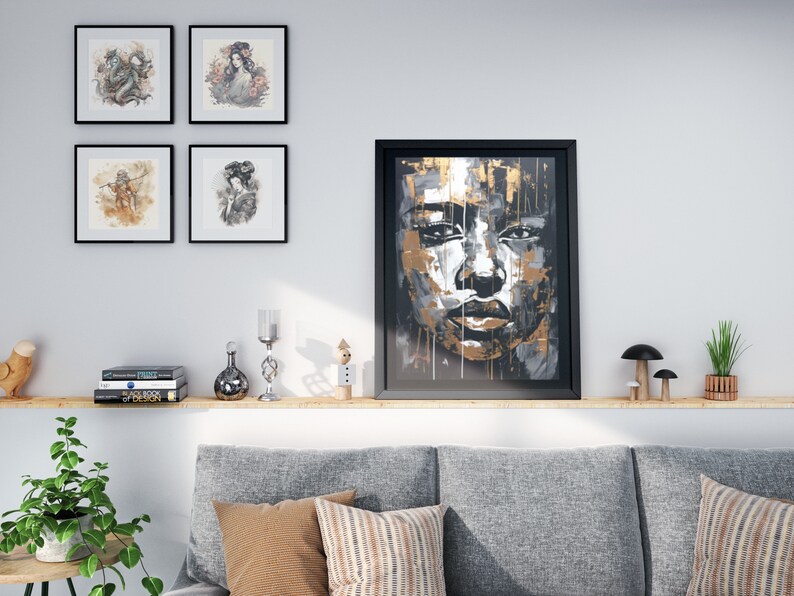 Modern Portrait Digital Download Wall Art Print Black White Gold Wall