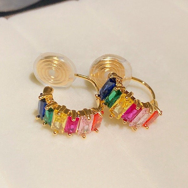 Clip On Earrings Invisible Hoop Gold Plated | Non Pierced Ears | Rainbow Zircon Colorful Pink, Orange, Blue, Green | No Pain Ear Clips Cuff