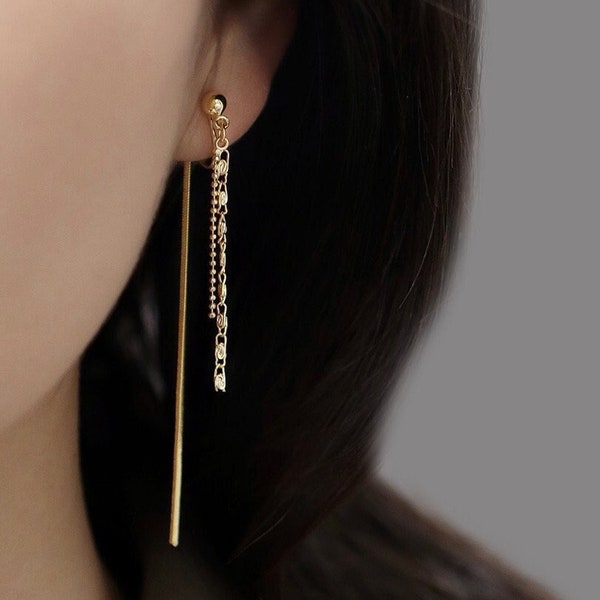 Clip On Earring Gold Silver Minimalist Tassel Threader Chain Dangle Drop | Non Pierced Ears | Invisible Pain Free Clip On Earrings