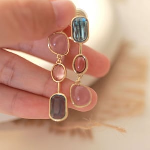 Clip On Earrings Invisible Dangle Gemstone | Non Pierced Ears Gold | Crystal Colorful Pink Blue Stone |No Pain Ear Clips Coil | Jewelry Gift