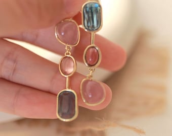 Clip On Earrings Invisible Dangle Gemstone | Non Pierced Ears Gold | Crystal Colorful Pink Blue Stone |No Pain Ear Clips Coil | Jewelry Gift