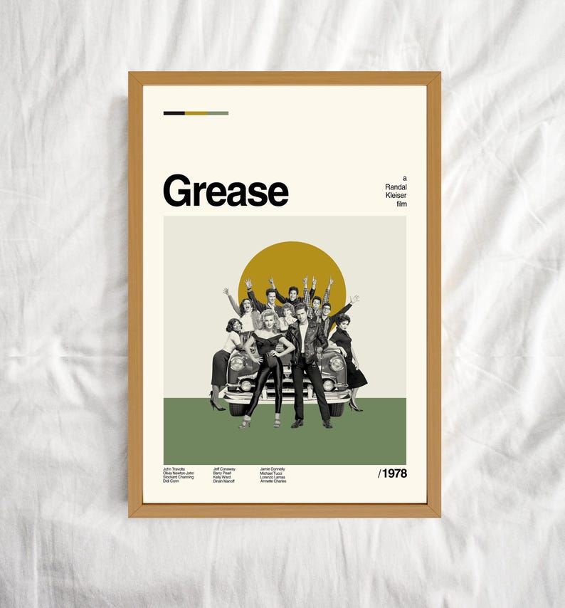 Grease Movie Poster, Randal Kleiser, Midcentury Art, Movie Poster