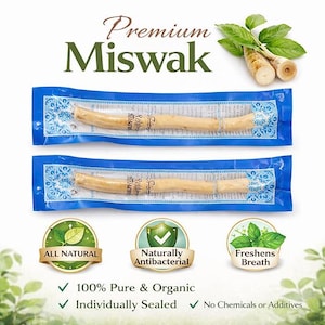 May include: Two individual Miswak sticks packaged in clear and blue plastic wrappers with decorative patterns. The text Premium Miswak is displayed above the sticks. Three circular badges state All Natural, Naturally Antibacterial, and Freshens Breath.