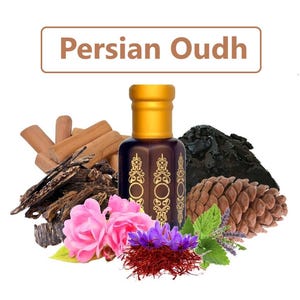May include: A dark blue perfume bottle with a gold cap and ornate gold detailing, surrounded by natural elements. The image includes pink flowers, saffron, and the text "Persian Oudh".