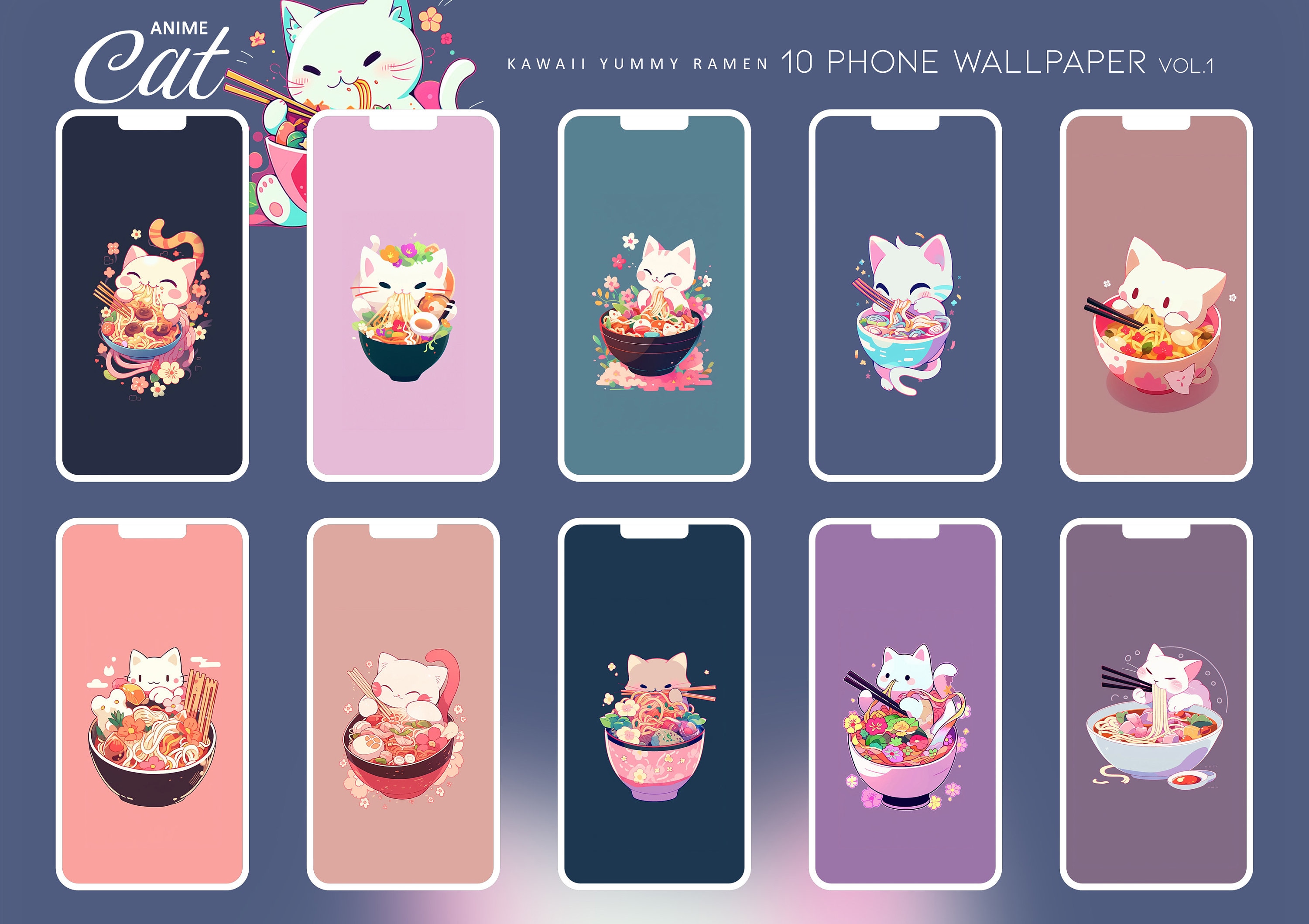 4K Top Anime Cat Phone Wallpaper Bundle, iPhone Kawaii Cute Cat ...